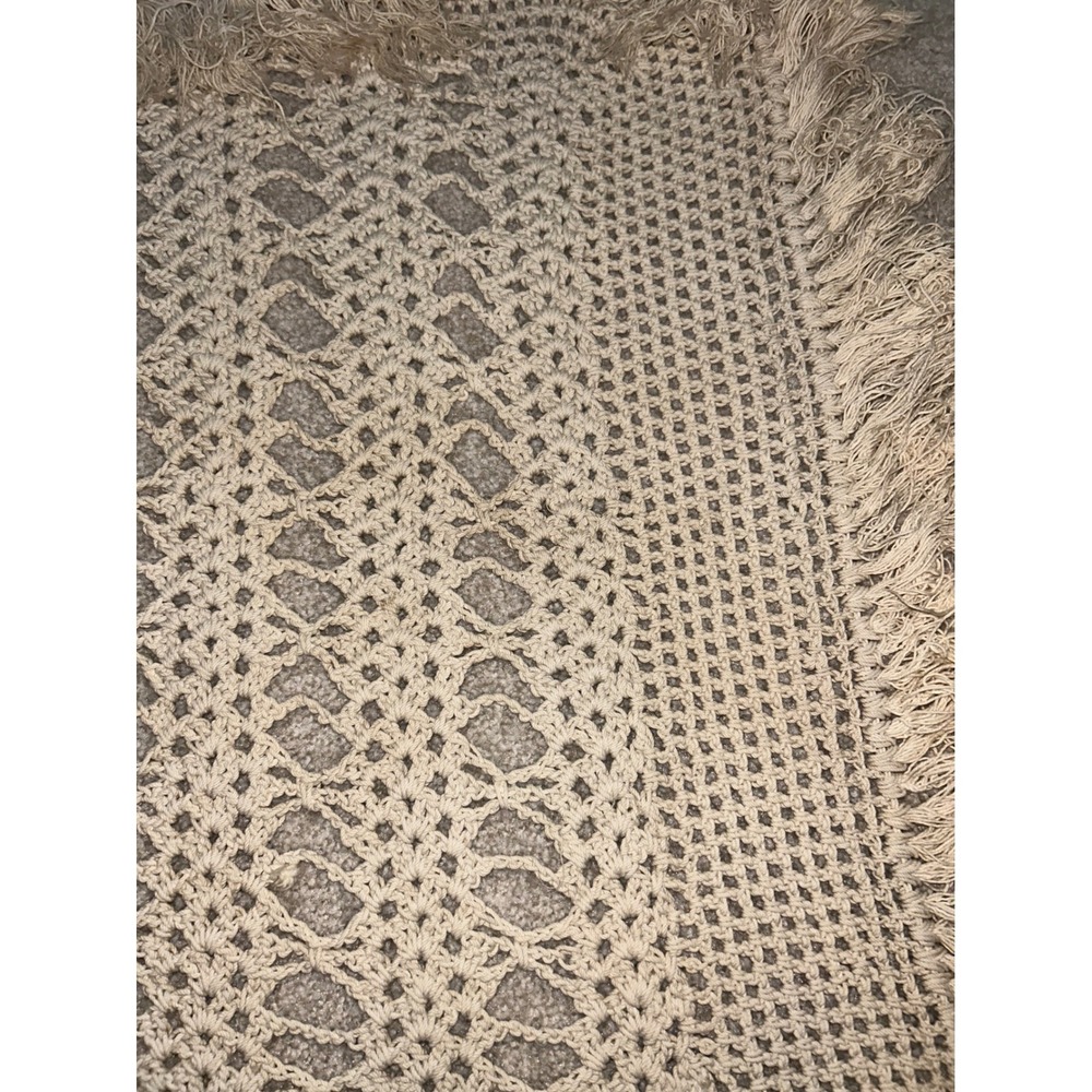 Vintage Handmade Crochet Lace Throw Doily Fringe Boho Cream Beige